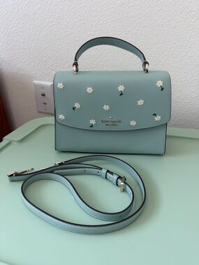 kate spade mint leather top-handle satchel with daisy appliqués